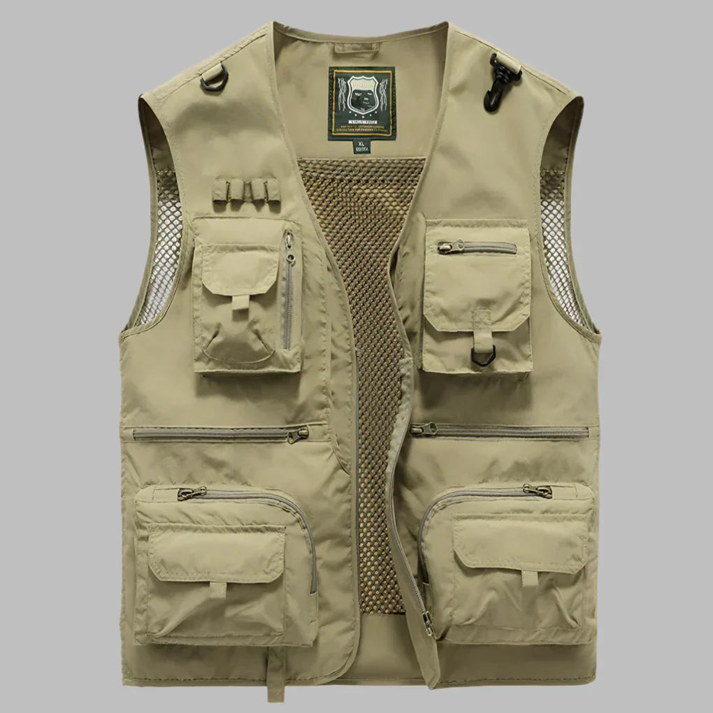 Men's multi-pocket travel vest, lightweight & breathable, great for hiking, fishing, or photography outdoors.