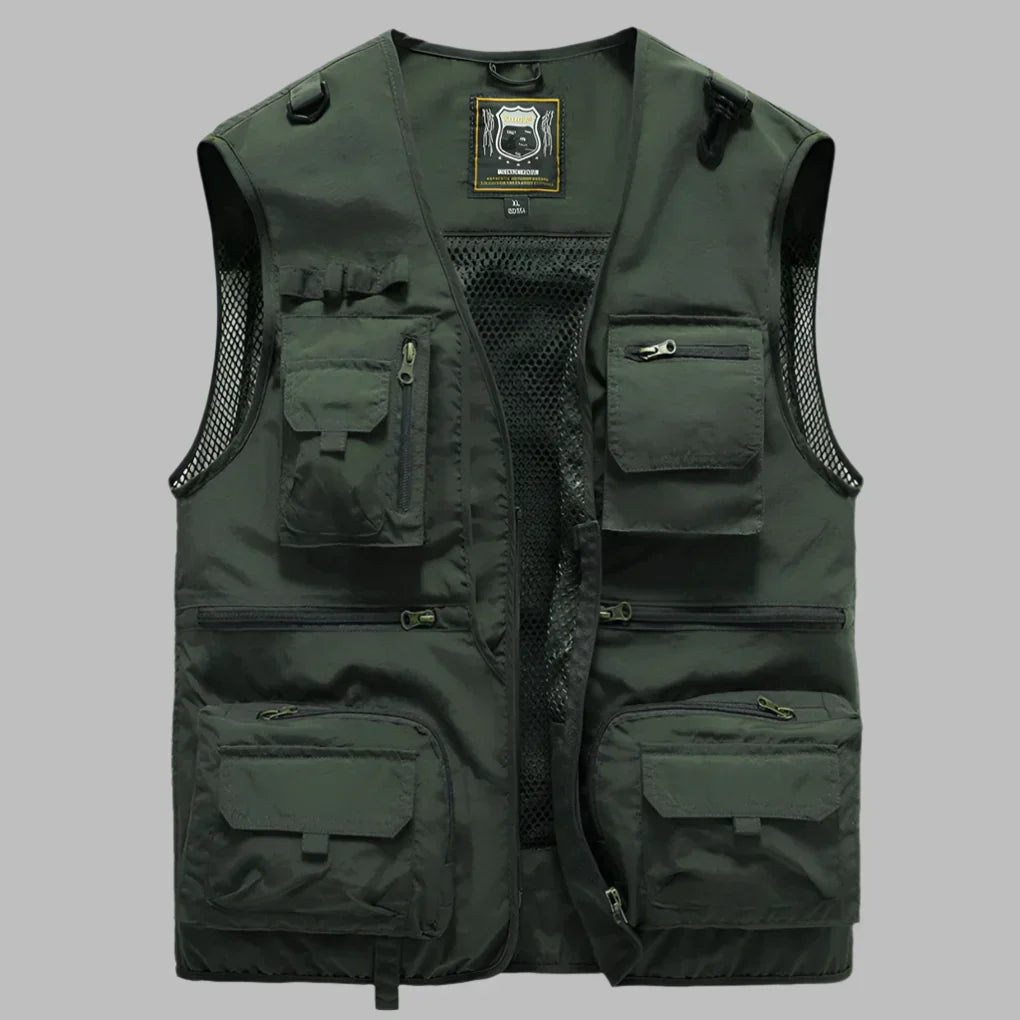 Stylish men's sleeveless utility jacket, a multi-pocket summer vest for casual wear and outdoor adventures.