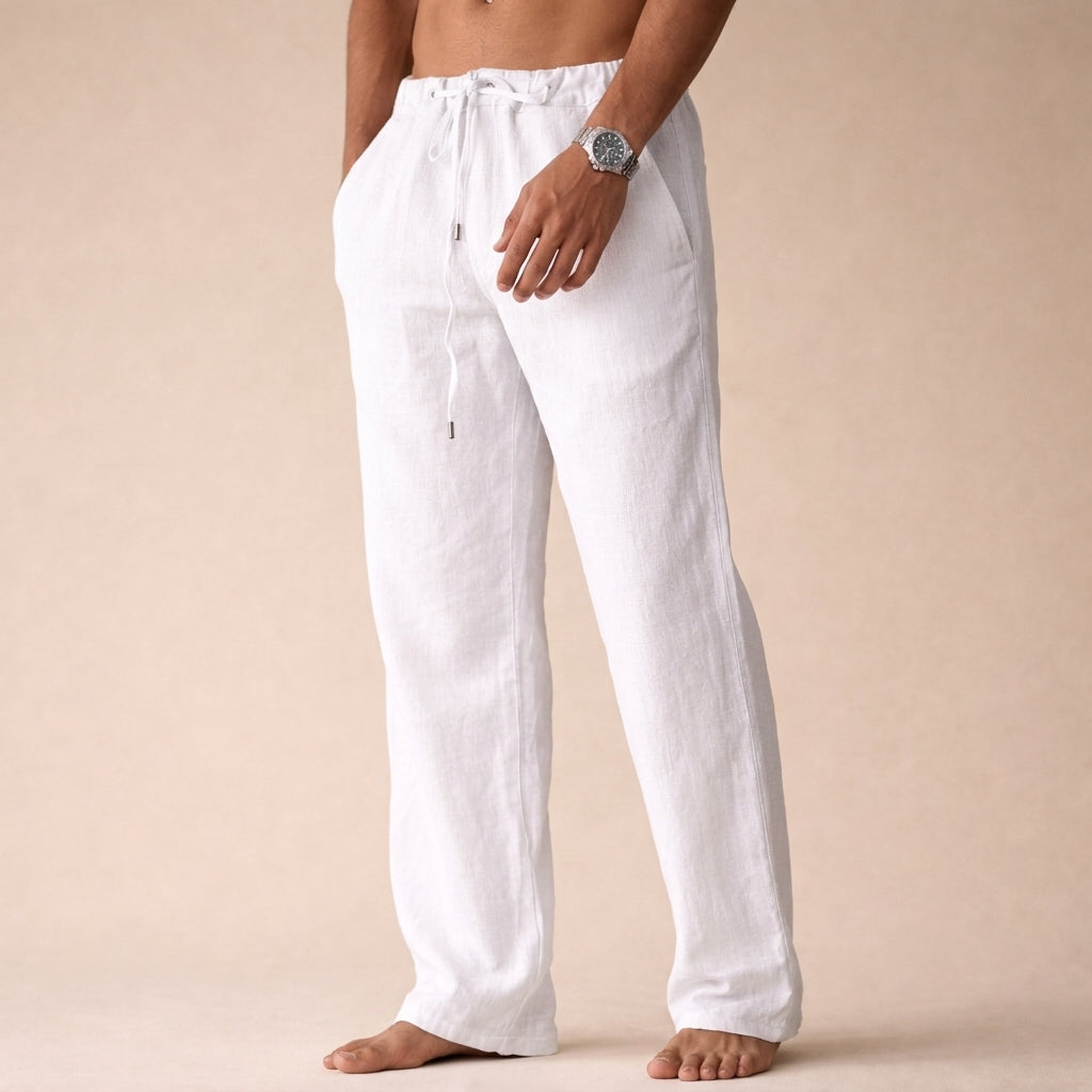 Men's lightweight natural linen trousers, ideal for breathable summer comfort & casual elegance.