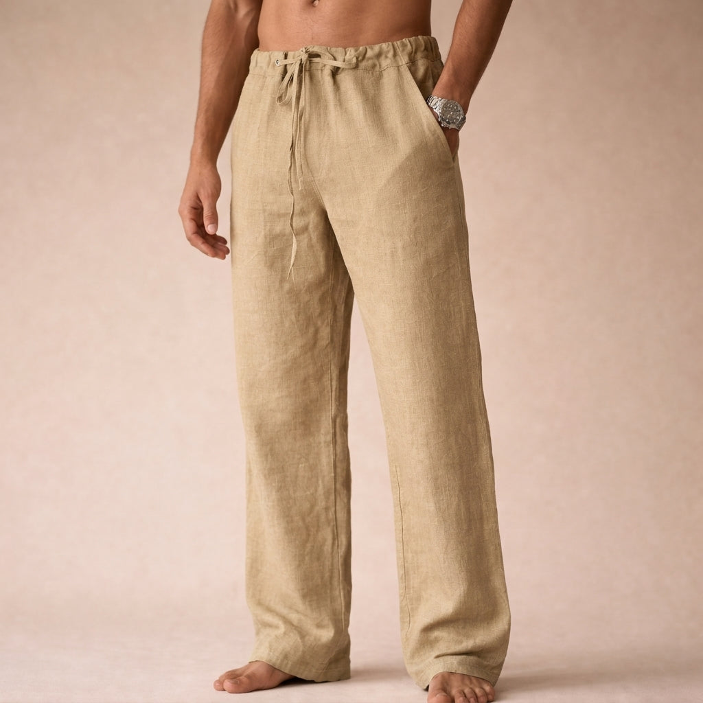 Stylish men's navy linen trousers, lightweight and breathable for effortless summer comfort & versatile wear.