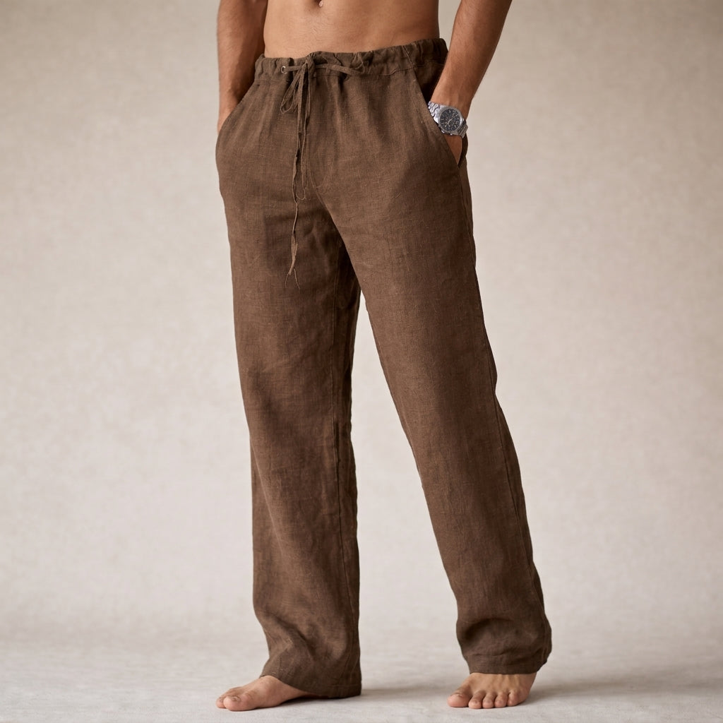 Lightweight men's linen pants with an elastic waist, designed for maximum breathability and summer comfort.