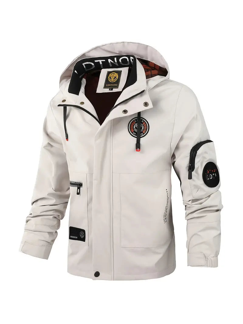 Men's lightweight outdoor jacket with hood, windproof & waterproof, ideal for spring & fall activities.