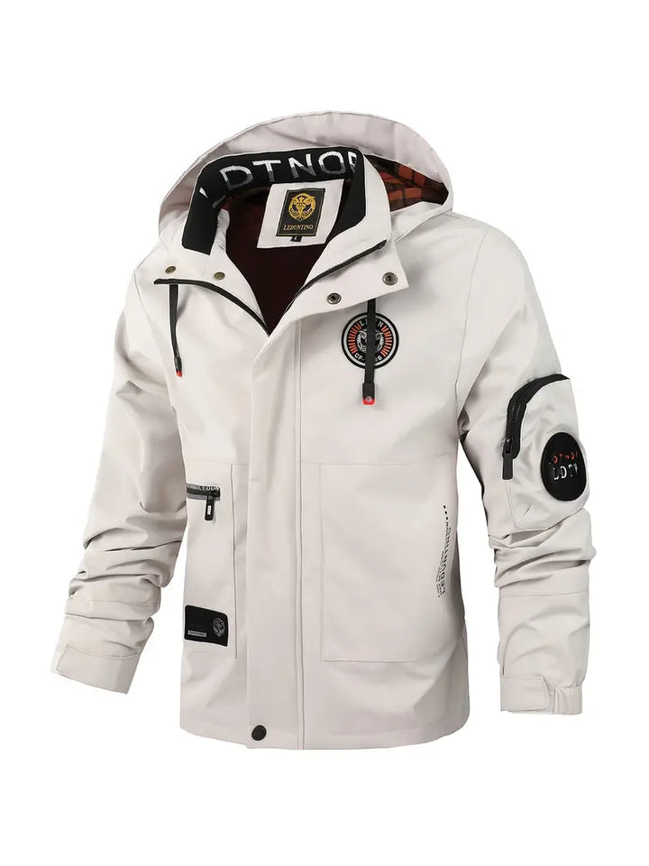 Men's lightweight outdoor jacket with hood, windproof & waterproof, ideal for spring & fall activities.