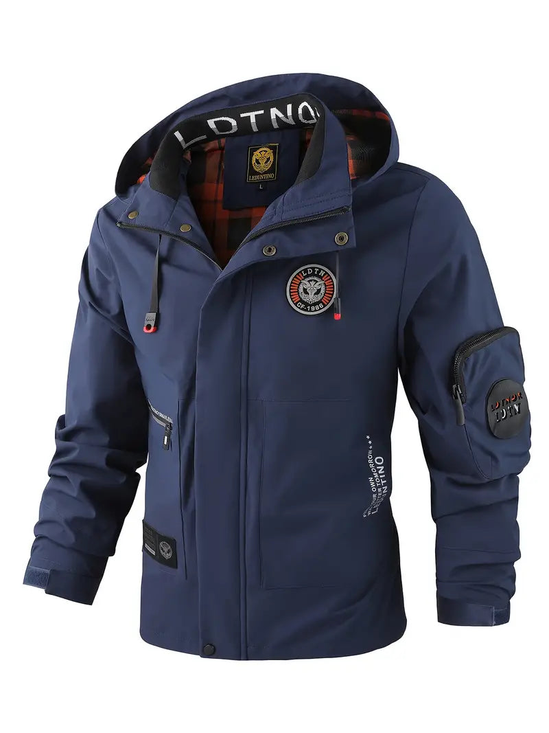 Spring/Fall men's lightweight hooded outdoor jacket, wind & water protection for transitional weather changes.