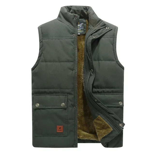Modern men's sleeveless padded vest, providing core warmth for spring & fall fashion layering.