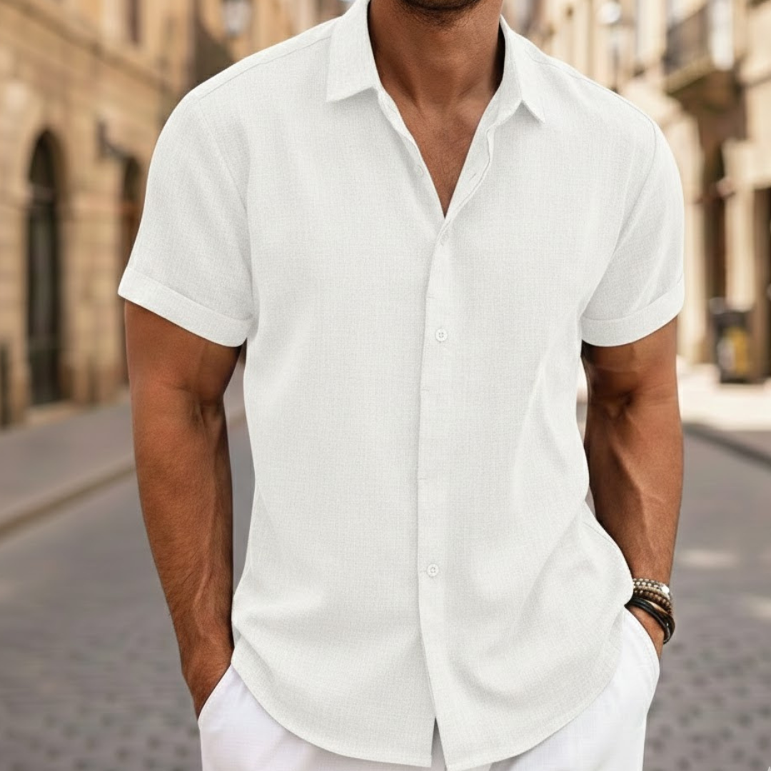 Stylish men's short sleeve button front shirt, light and breezy for summer comfort.
