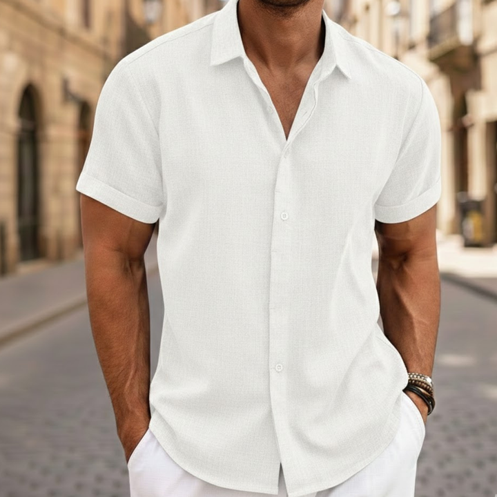 Stylish men's short sleeve button front shirt, light and breezy for summer comfort.