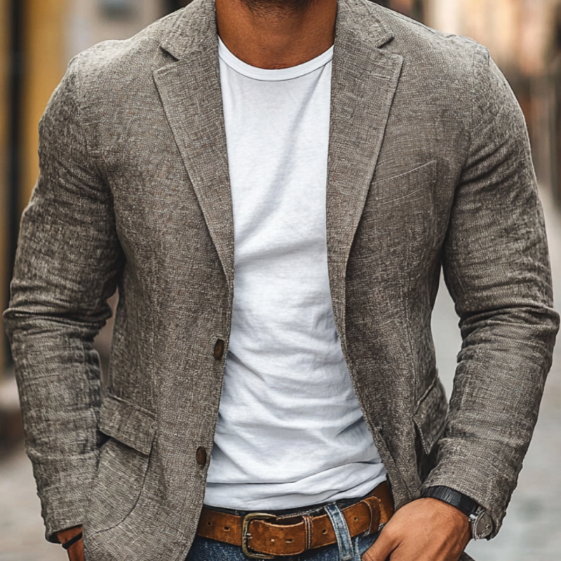 Gentleman's single-breasted lightweight blazer. Slim fit menswear, ideal for warm weather, summer fashion, and casual elegance.