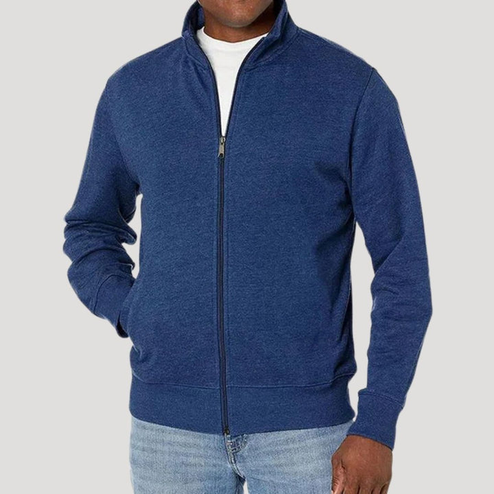 Close-up of the fabric texture of a men's lightweight zip-up jacket, showcasing its quality.
