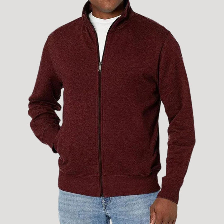 Detail of the zipper and collar on a men's lightweight casual jacket, emphasizing craftsmanship.