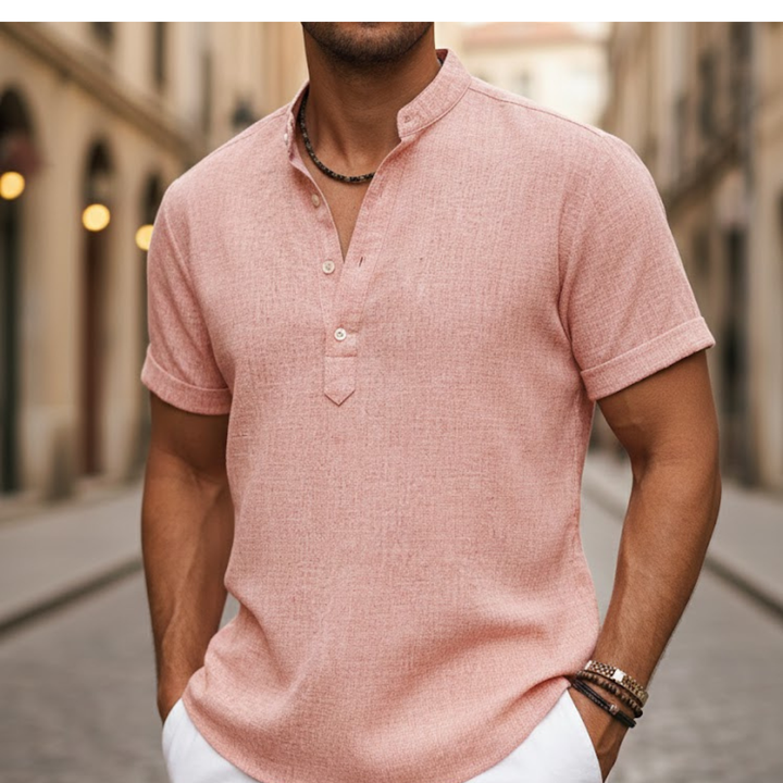 Men's linen blend short sleeve henley shirt, perfect for casual summer style & warm weather comfort.