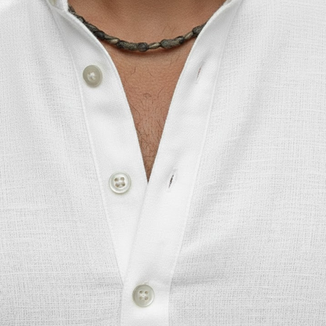 Men's short sleeve linen blend henley, combining relaxed fit with summer style & comfortable casual wear.