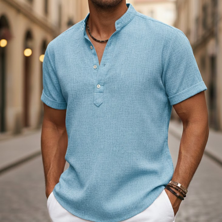 Comfortable men's short sleeve henley shirt in a breathable linen blend, ideal for summer fashion & casual wear.
