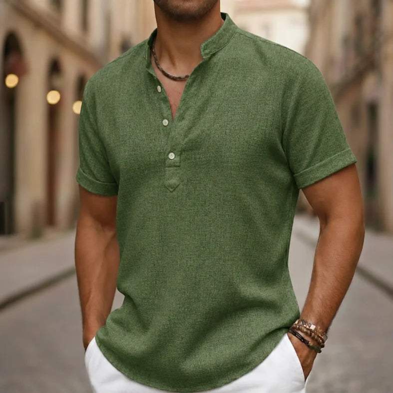 Men's comfortable short sleeve linen blend henley shirt, a relaxed fit polo style ideal for summer fashion.