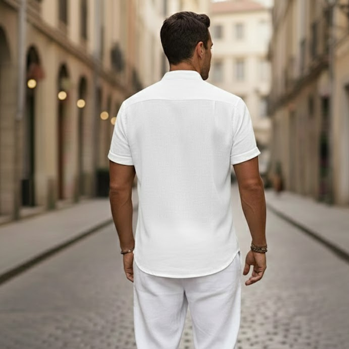 Breathable linen blend short sleeve henley shirt for men, offering cool comfort & stylish summer casual wear.