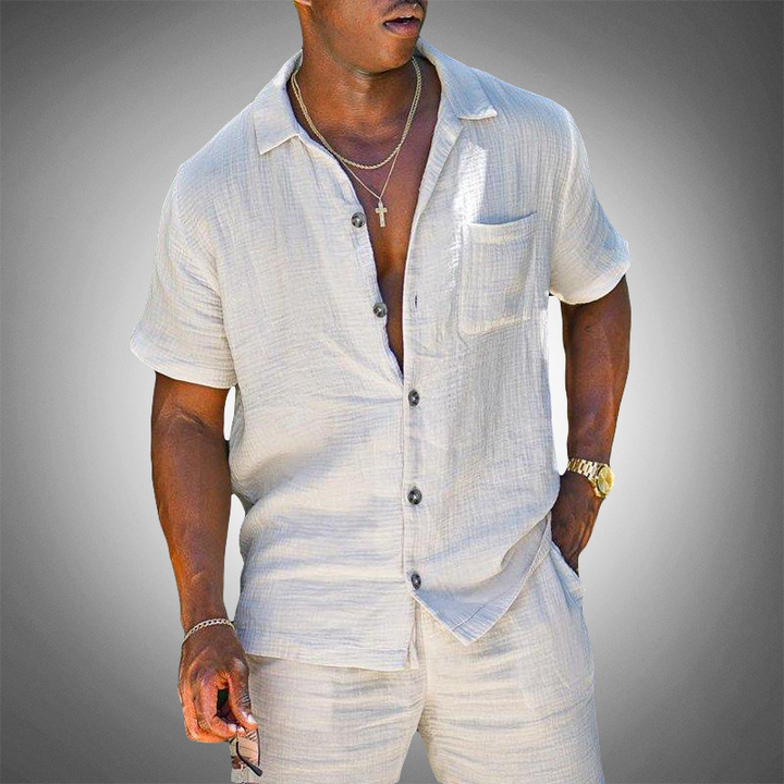 Men's linen blend short sleeve loungewear set, perfect for summer comfort & casual wear. Ideal resort outfit.