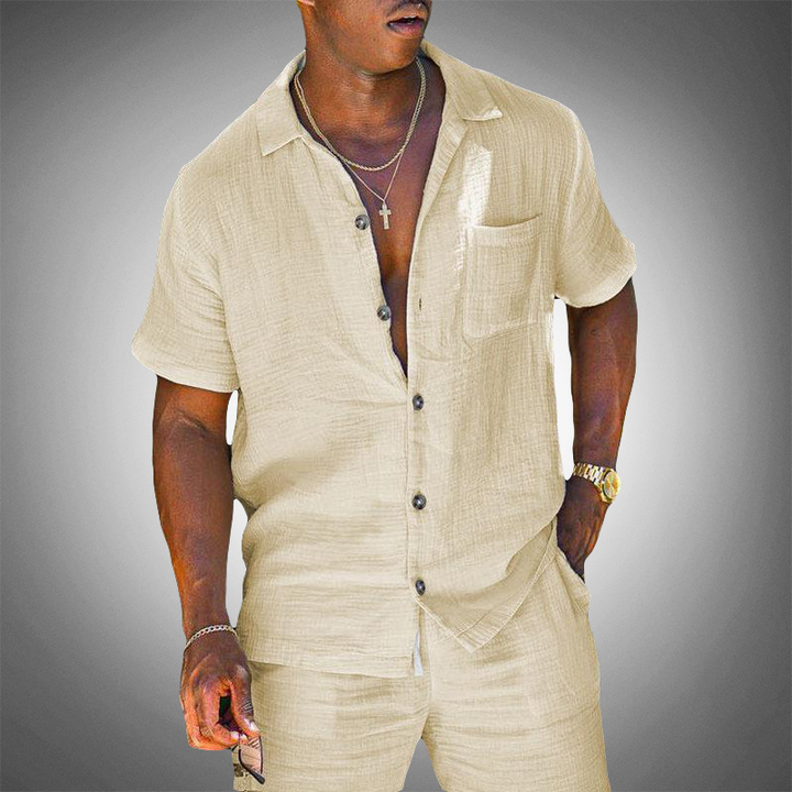 Stylish men's linen blend short sleeve set for summer vacation & beachwear. Comfortable casual resort outfit.