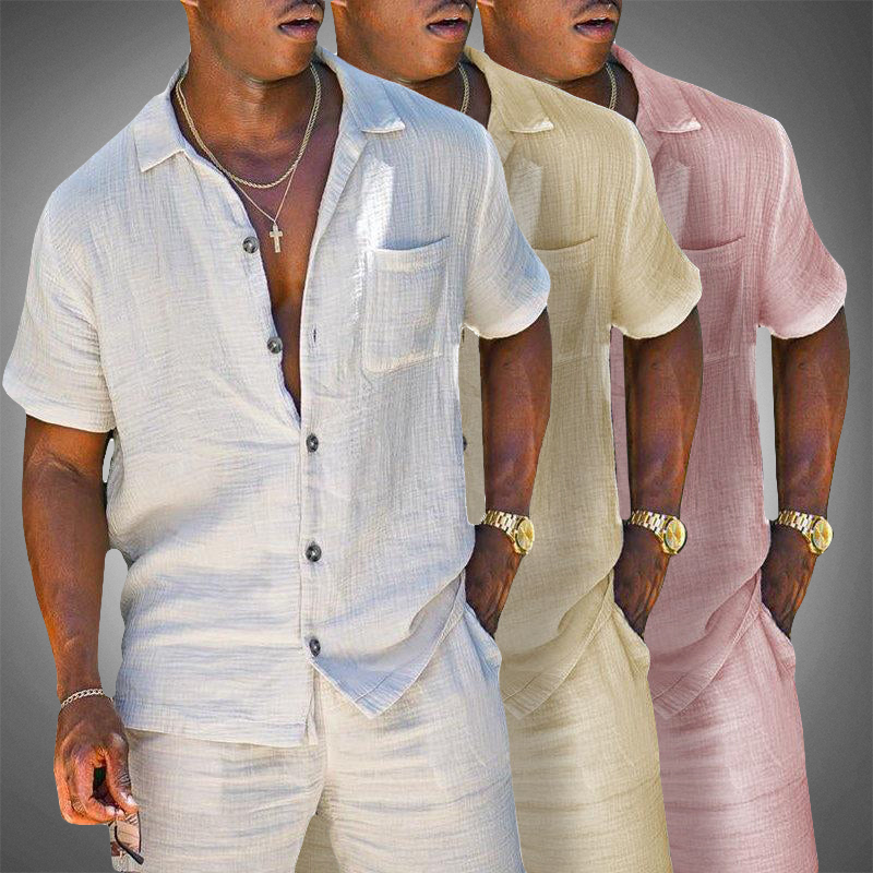 Comfortable men's linen blend short sleeve set, great for summer loungewear, beach, or resort outfits.