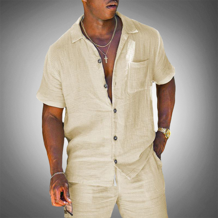 Stylish men's linen blend short-sleeve shirt & matching shorts. Ideal for spring, summer, and lounge comfort.