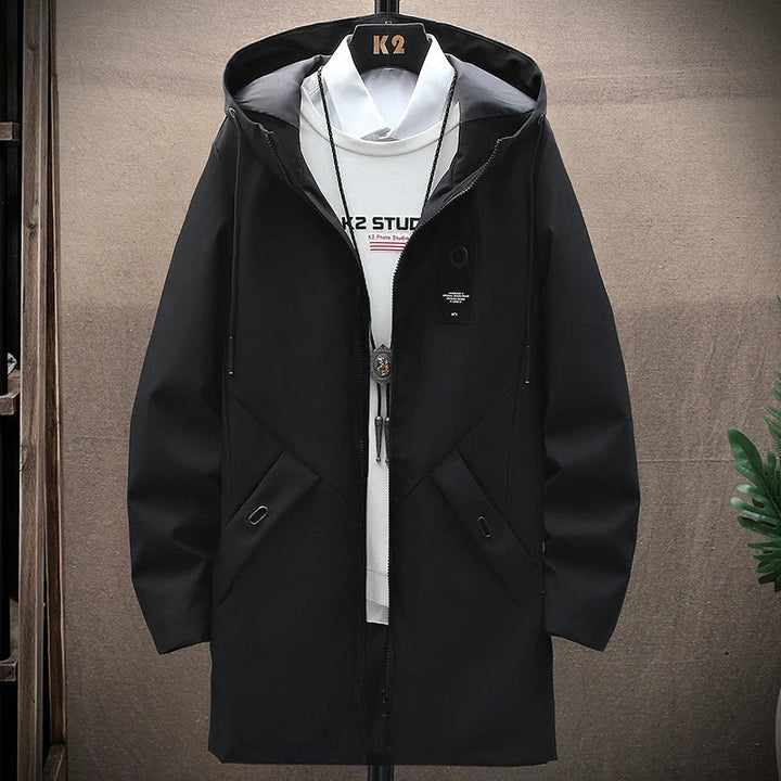 Versatile men's long hooded jacket, Damian, providing stylish protection for winter & autumn cold weather.