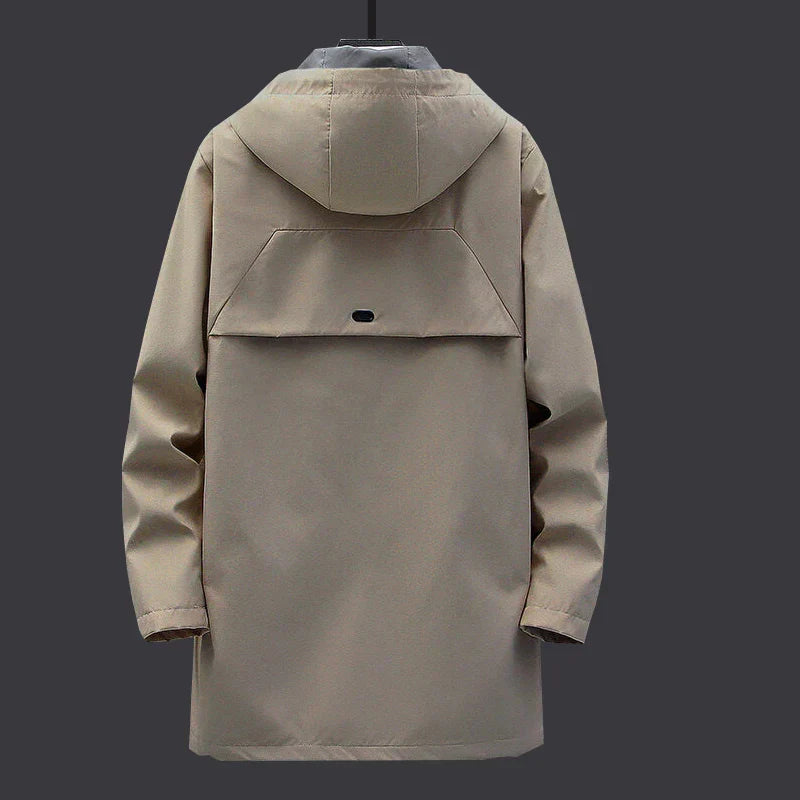 Men's long fit hooded coat, Damian, from the back, showing its stylish length & cold weather protection.