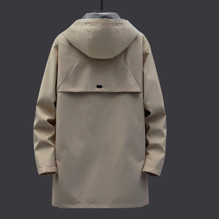 Men's long fit hooded coat, Damian, from the back, showing its stylish length & cold weather protection.