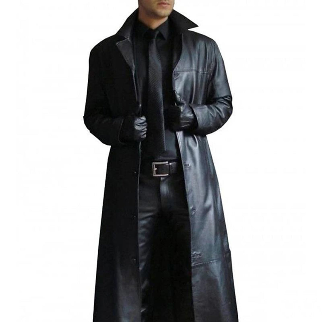 Men's long leather winter coat in classic black, perfect for stylish cold weather protection and timeless fashion.