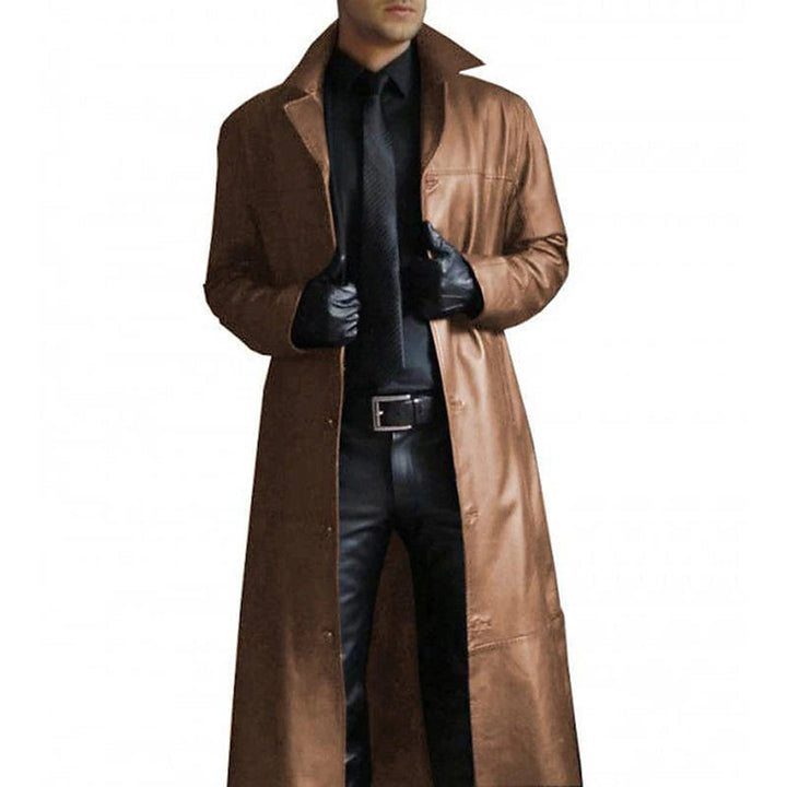 Stylish men's long leather jacket offering warmth & elegant protection against cold weather. Ideal for autumn/winter.