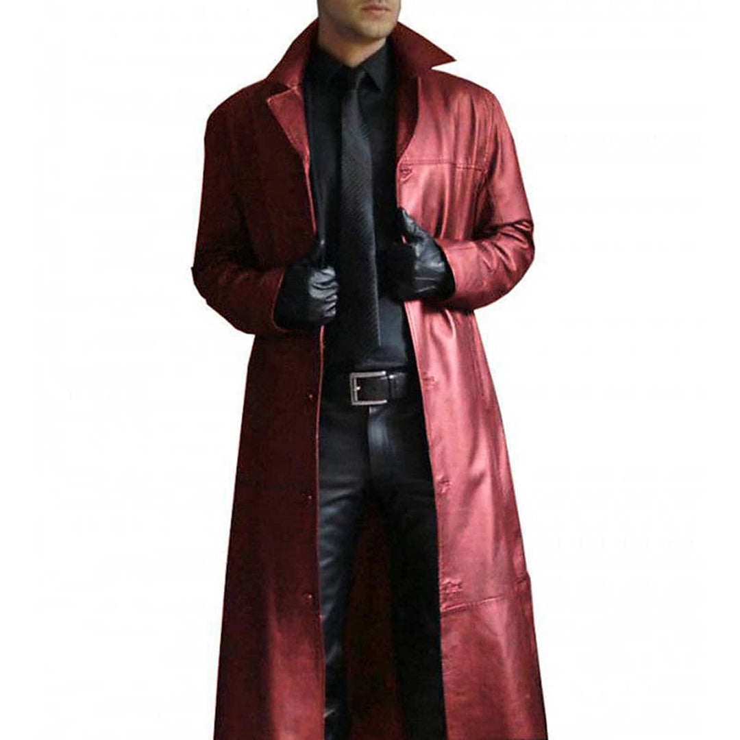 Classic men's long black leather coat, an essential cold-weather outerwear for sophisticated autumn/winter fashion.
