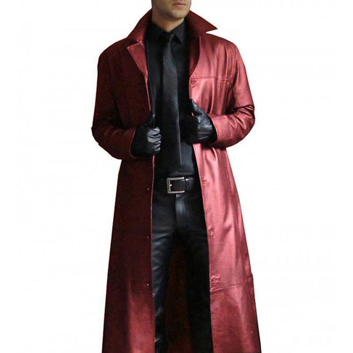 Classic men's long black leather coat, an essential cold-weather outerwear for sophisticated autumn/winter fashion.