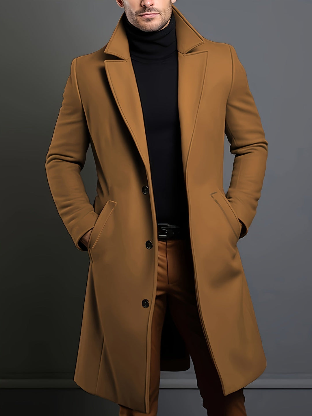 Men's long single-breasted lapel overcoat, classic style, ideal for professional wear and cold weather.