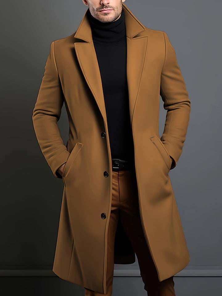 Russell men's winter coat. A long single-breasted overcoat with a sophisticated lapel for cold weather.