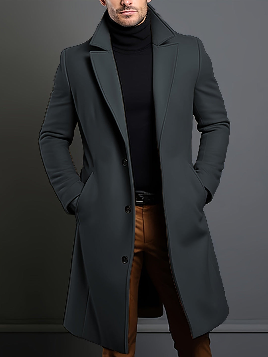 Warm men's long overcoat. Single-breasted lapel coat for a sophisticated business casual or dress look.