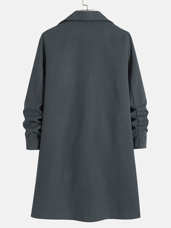 Stylish men's Russell long overcoat. Single-breasted design, perfect business casual or dress outerwear.