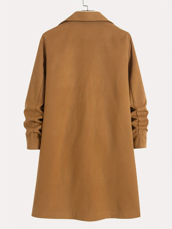 Classic men's single-breasted long overcoat with lapel, offering warmth and style for cold weather outerwear.