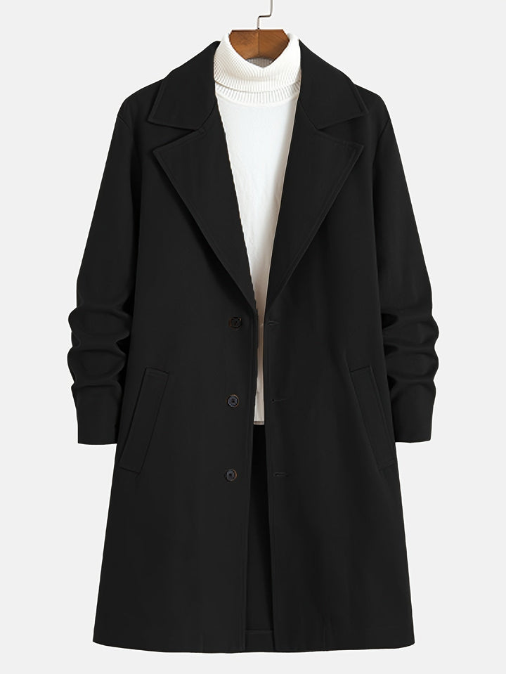 Men's Russell single-breasted overcoat. Long lapel design, perfect fall jacket and winter outerwear.