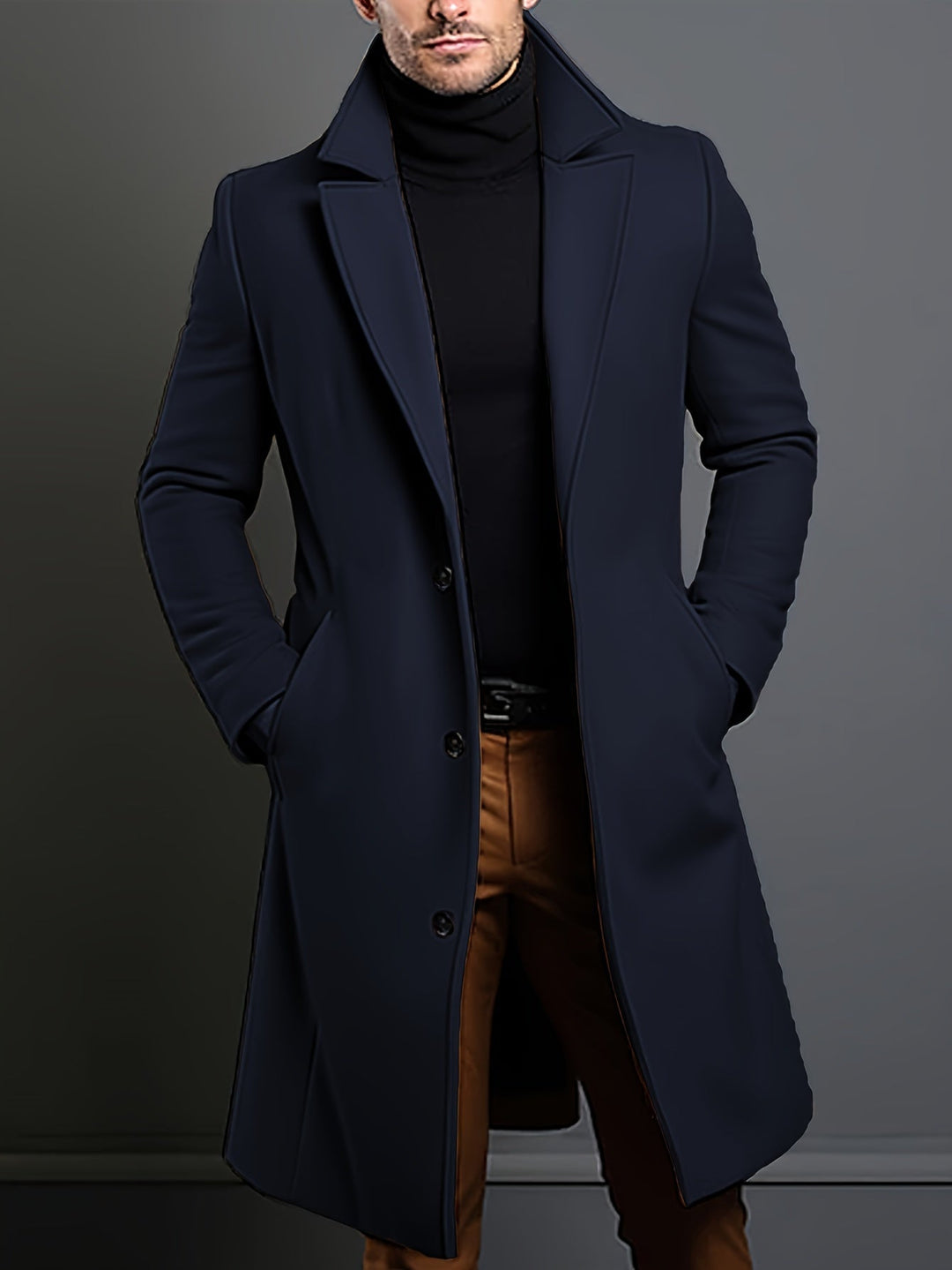 Fashionable men's long overcoat, single-breasted lapel style. Essential classic outerwear for men.