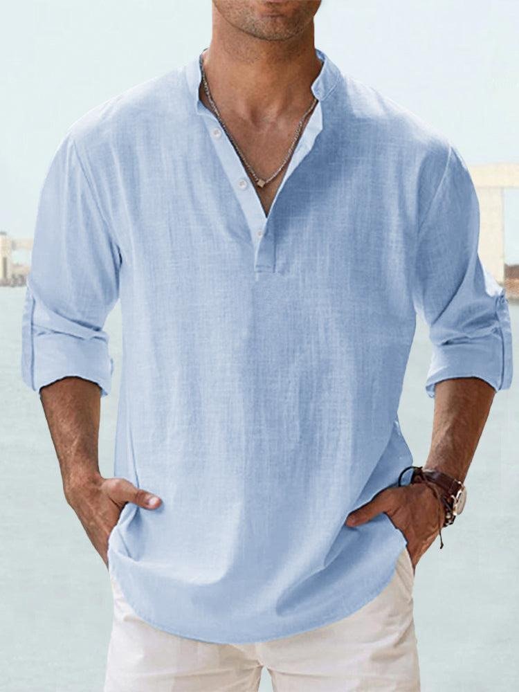 Men's long sleeve Henley shirt with mandarin collar, ideal for casual wear & summer style.