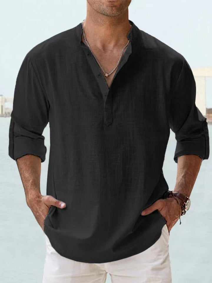 Stylish men's long sleeve Henley shirt featuring a modern mandarin collar for a relaxed fit.