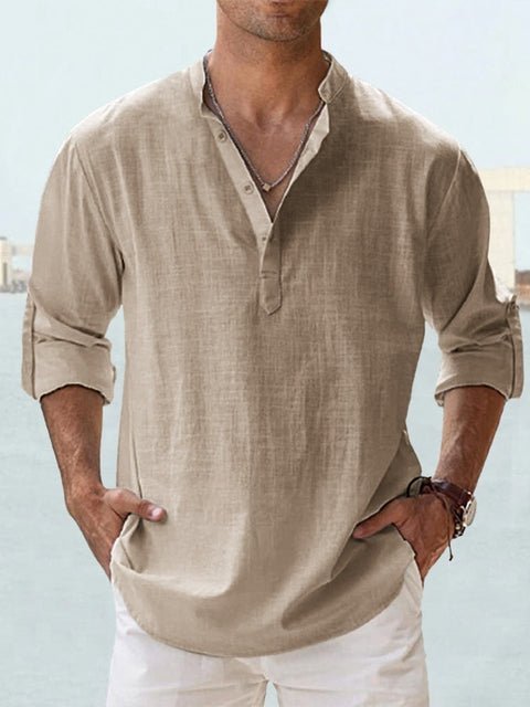Effortless men's fashion: long sleeve Henley shirt with mandarin collar for versatile casual wear.