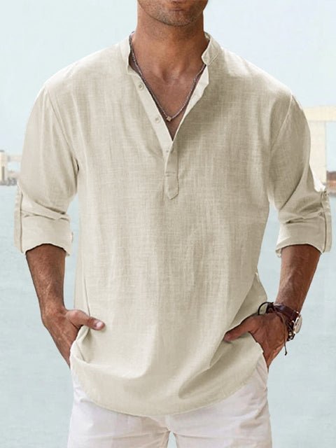 Premium long sleeve Henley top for men, featuring a stylish mandarin collar for casual comfort.