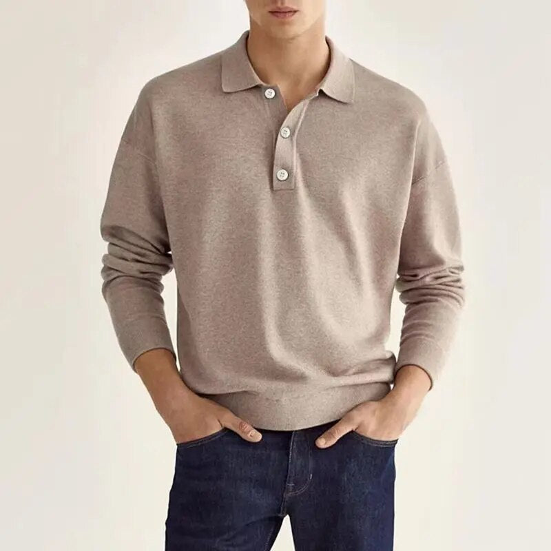 Stylish men's long sleeve polo for versatile casual & smart casual wear. Comfortable fall apparel with button collar.