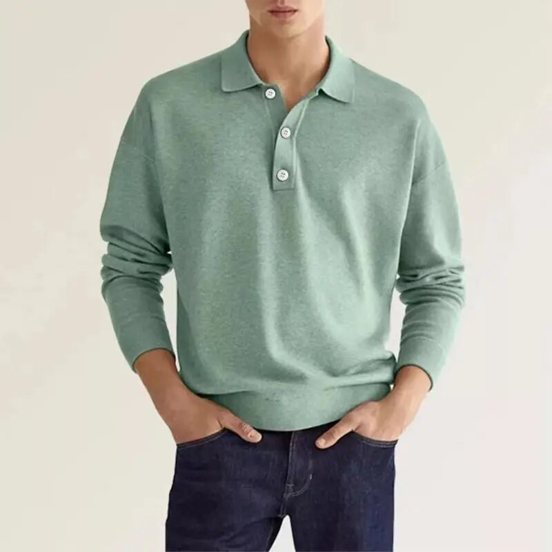 Close-up of men's Bastien long sleeve polo, showing classic button collar. Regular fit for comfortable men's fashion.
