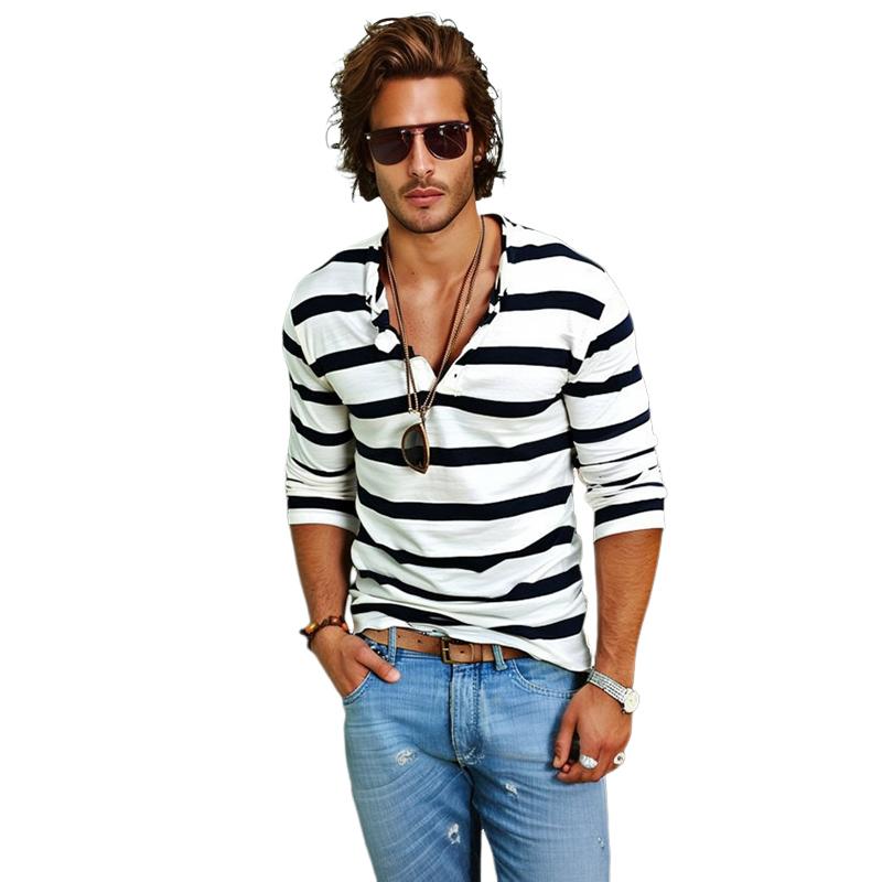 Men's long sleeve striped Henley t-shirt for casual everyday comfort.