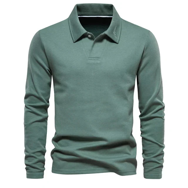 Classic men's long-sleeve turn-down collar polo shirt, versatile and comfortable for all-season smart casual fashion.