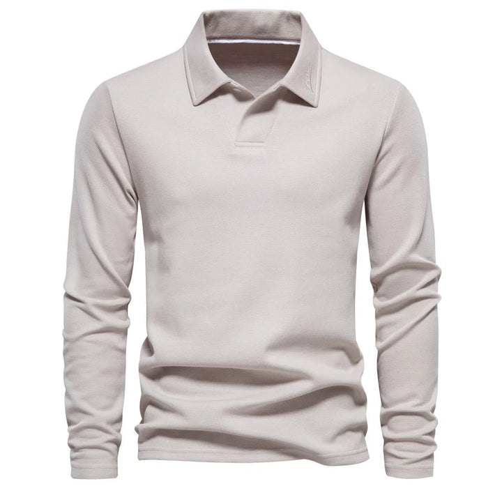 Versatile men's long-sleeve polo with turn-down collar, perfect for all-season casual and smart casual fashion.