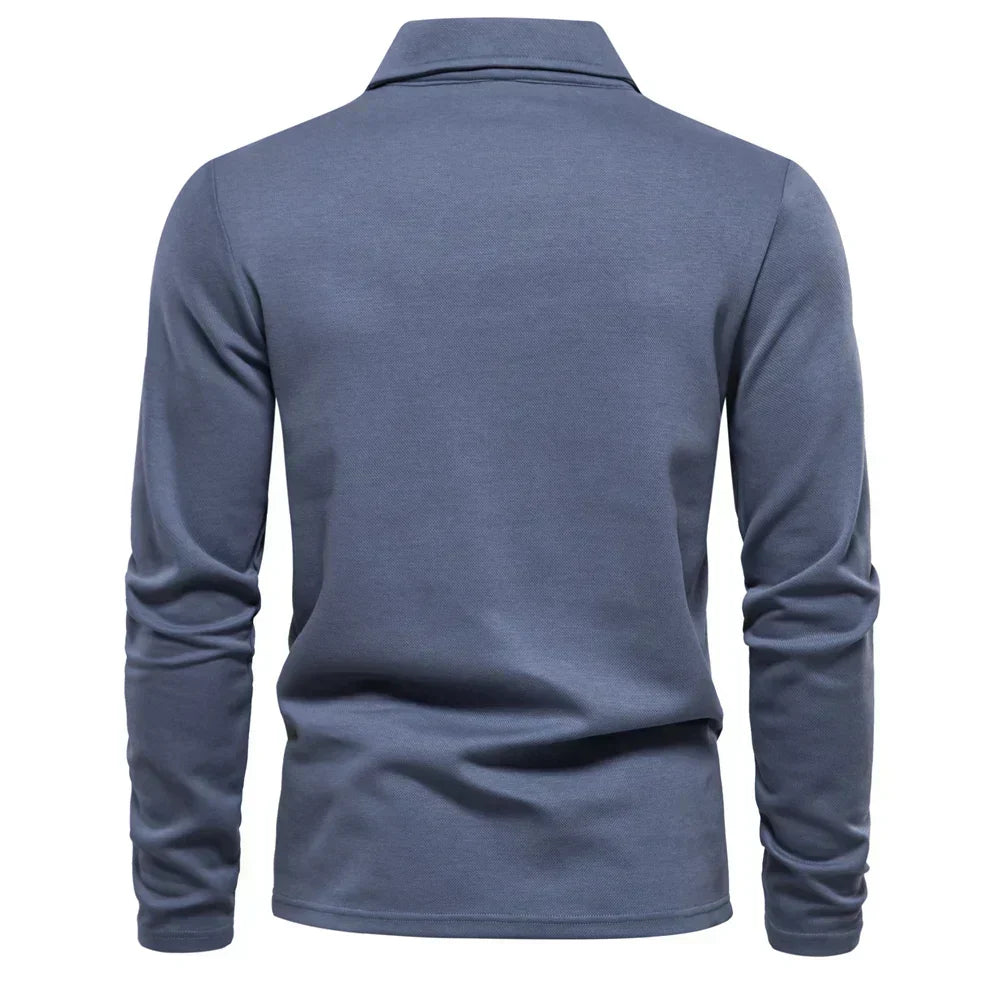 Regular fit men's long-sleeve turn-down collar polo shirt, a classic embroidered design for comfortable daily wear.