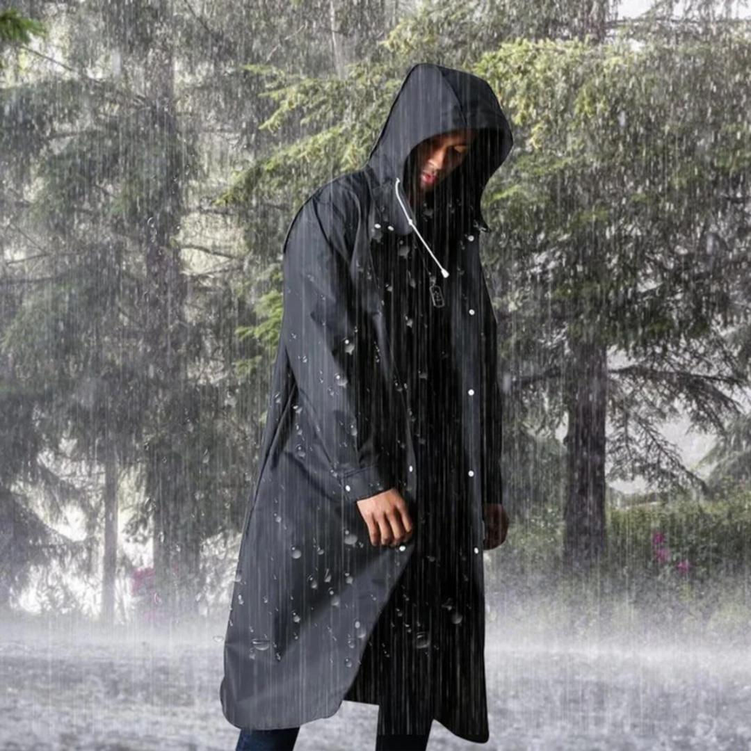 Stylish black men's waterproof hooded raincoat. Long all-weather jacket for heavy-duty rain protection & outerwear.