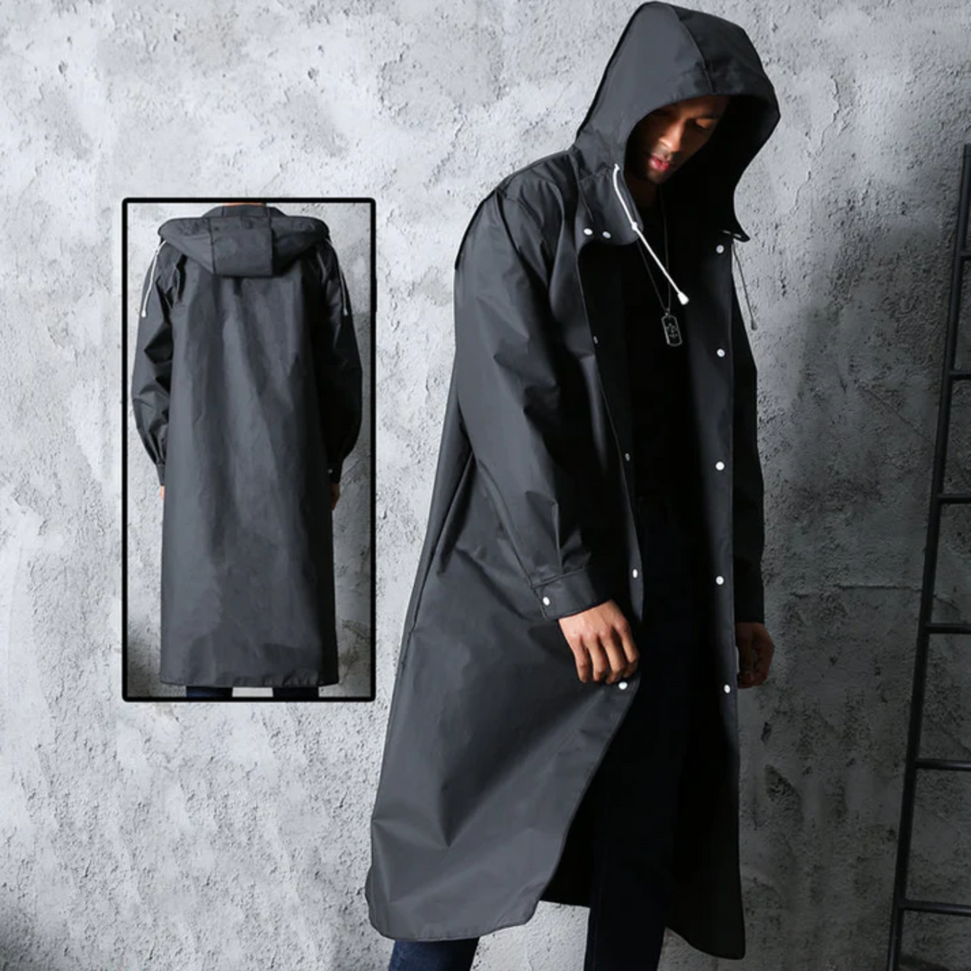 Full-length black men's waterproof rain jacket. Features adjustable hood for ultimate protection in heavy rain & winter.