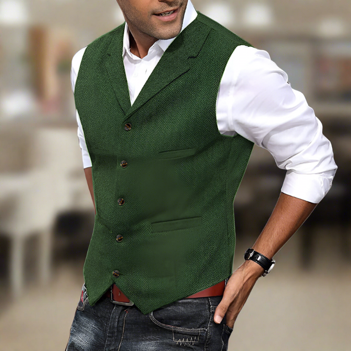 Tailored men's longline V-neck vest, a smart choice for suits, layered looks & special events.
